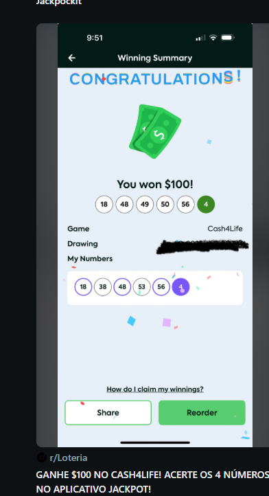 Cash 4 Life winner screen showing $100