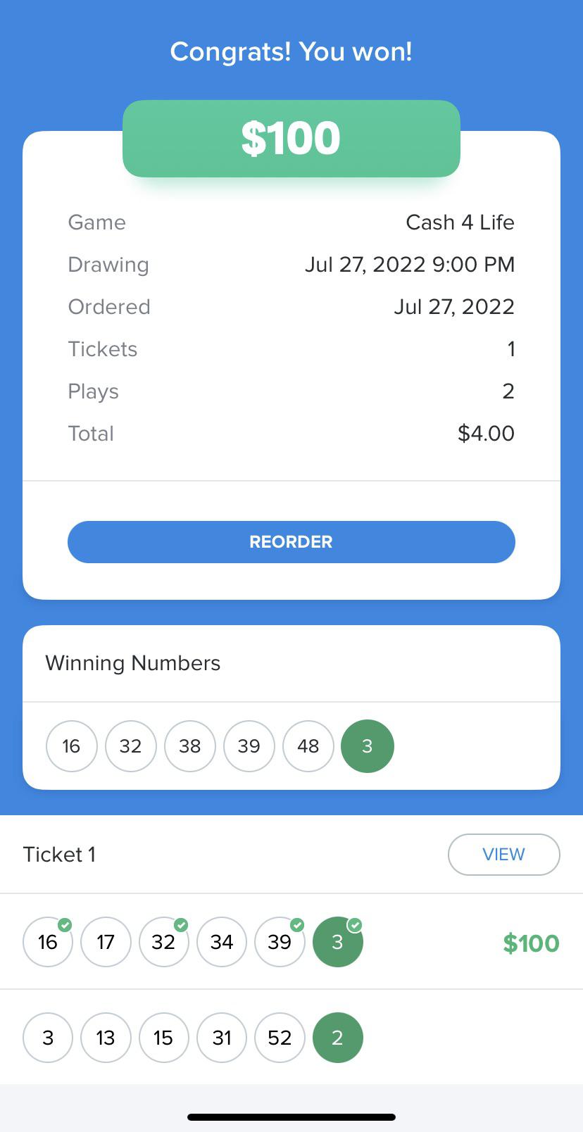 Cash 4 Life result showing a $100 prize