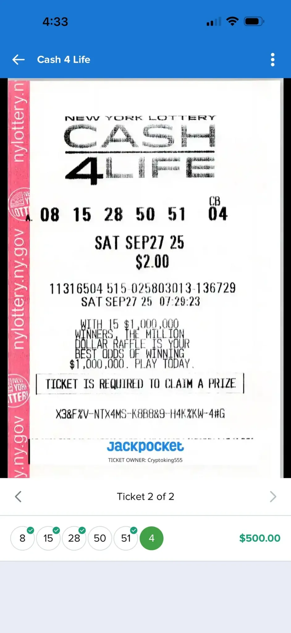 Cash 4 Life ticket and result showing $500