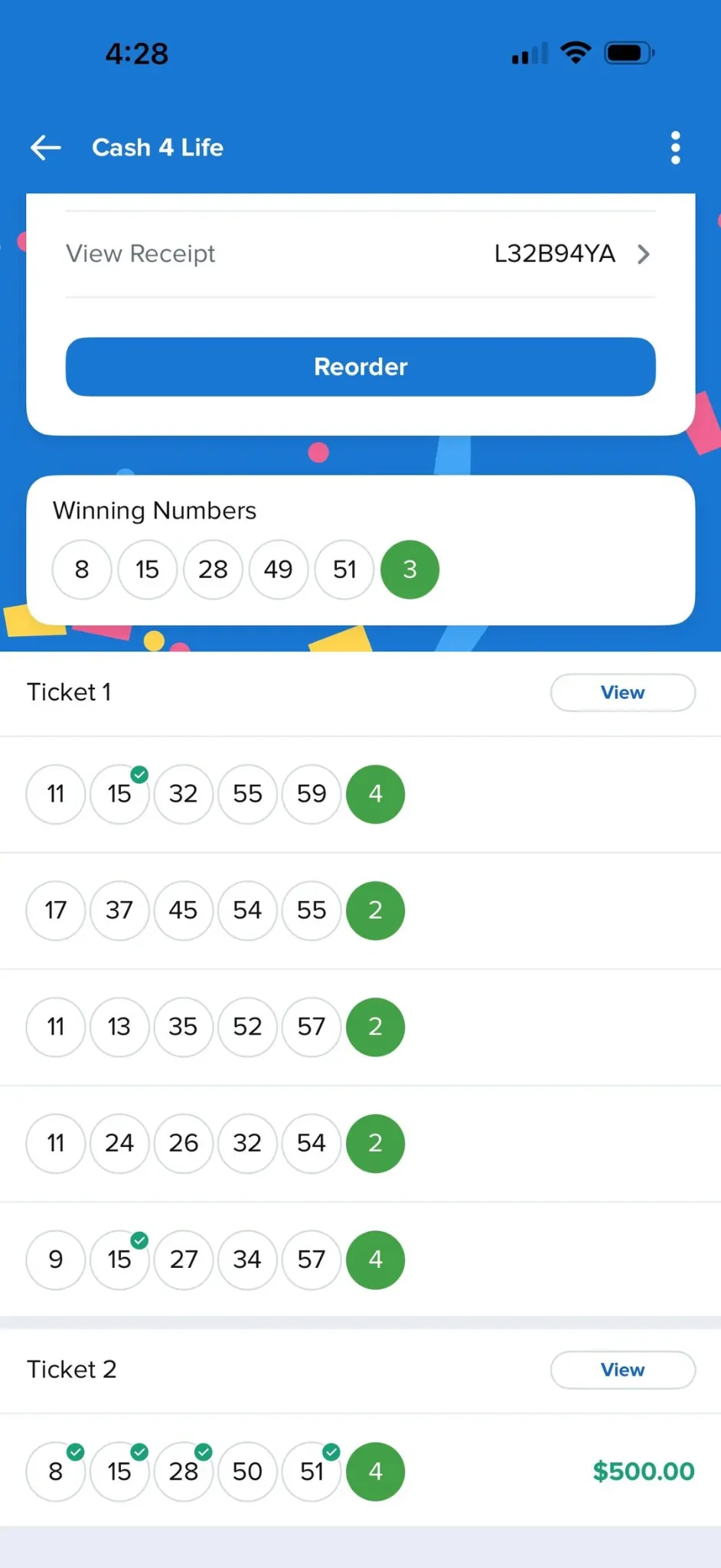 Cash 4 Life result showing a $500 prize
