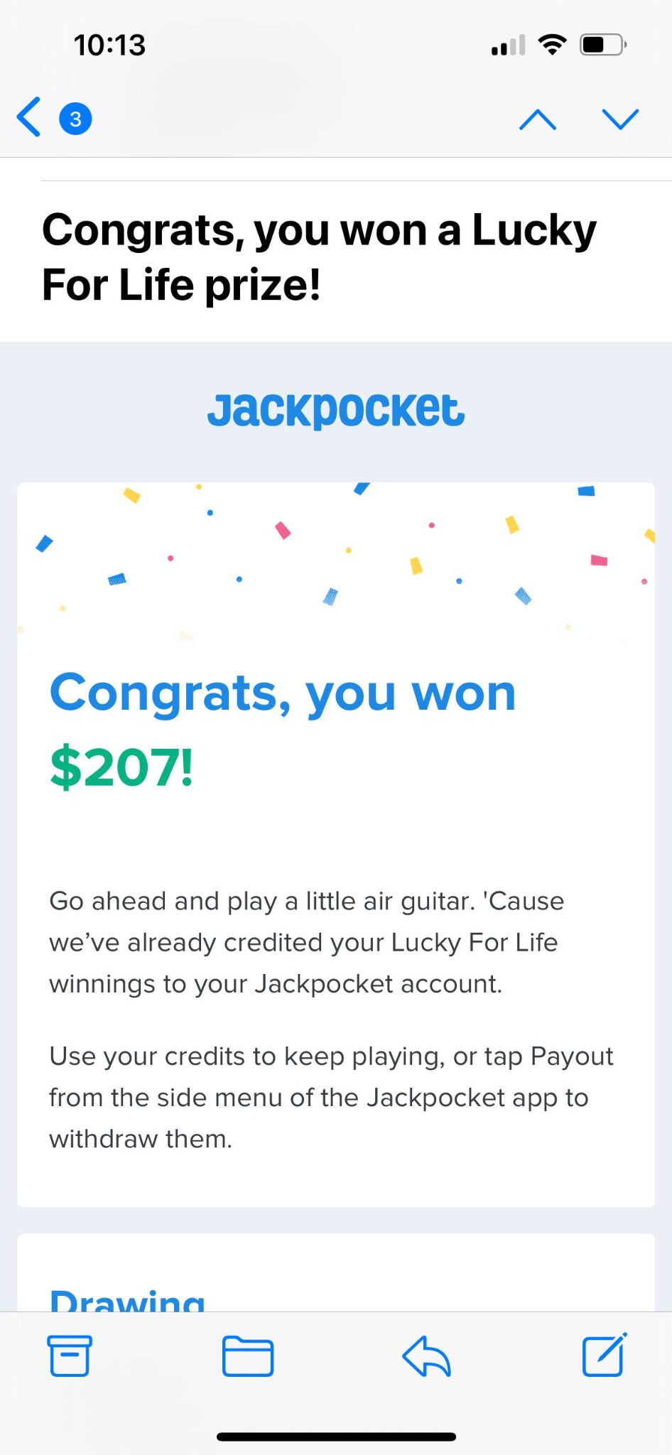Lucky for Life winner message showing $207