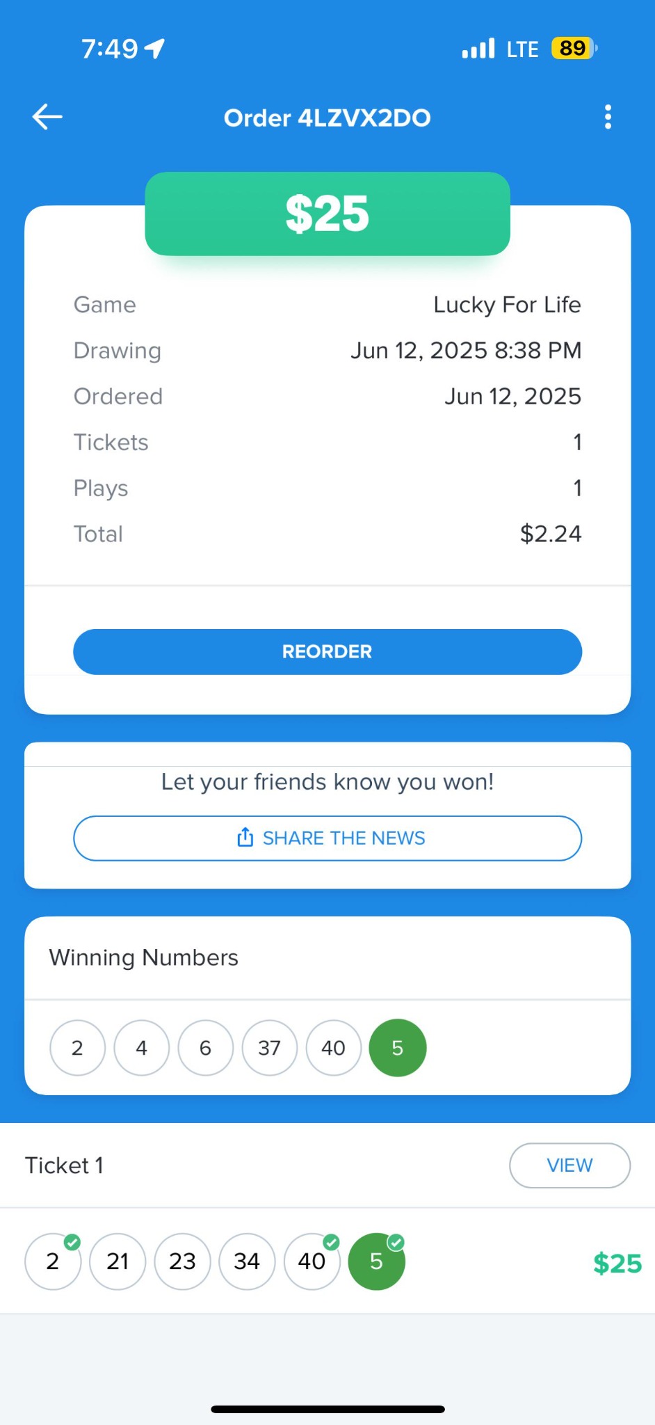 Lucky for Life result showing a $25 prize