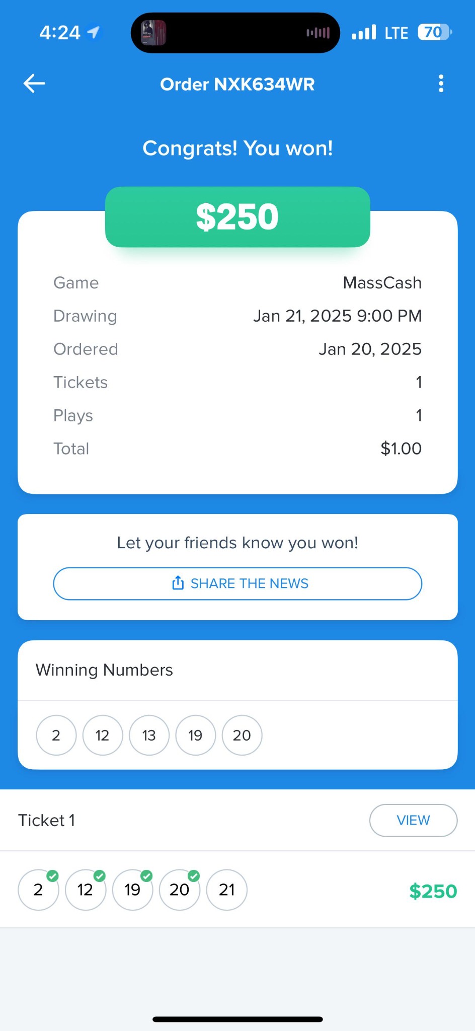 MassCash result showing a $250 prize