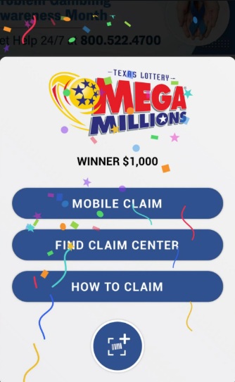 Mega Millions winner screen showing $1,000