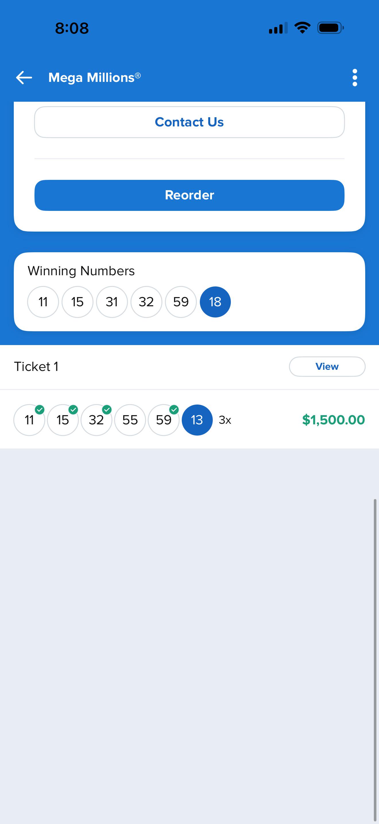Mega Millions result showing a $1,500 prize