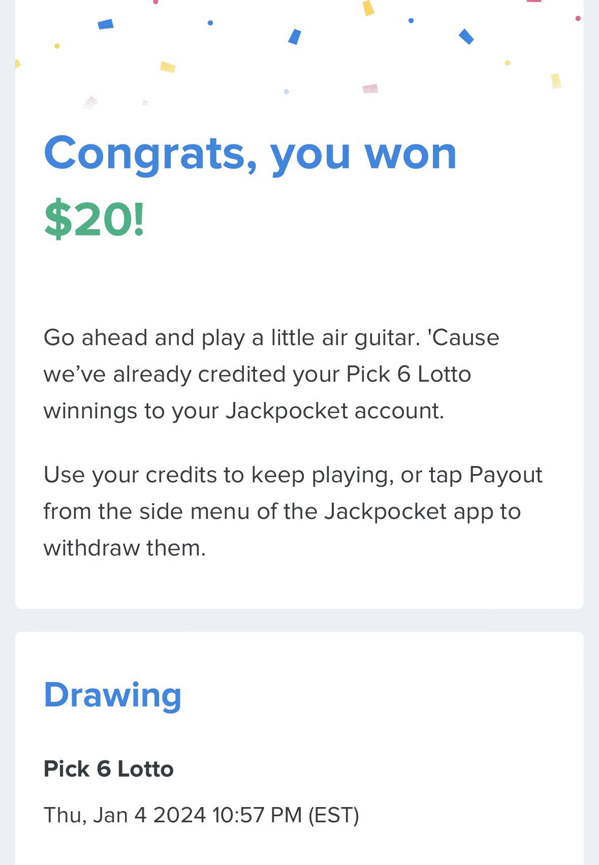 Pick 6 Lotto winner message showing $20
