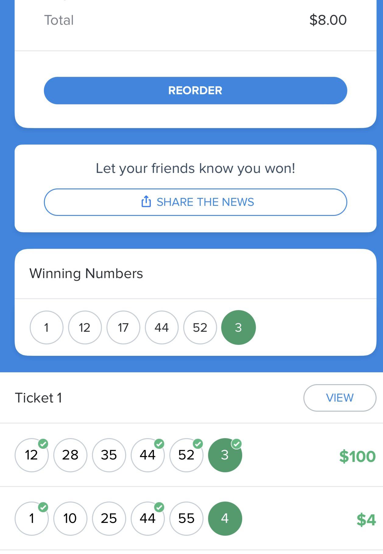 Lottery ticket result showing $100 and $4