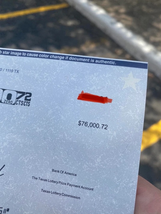 Powerball prize check showing $76,000.72