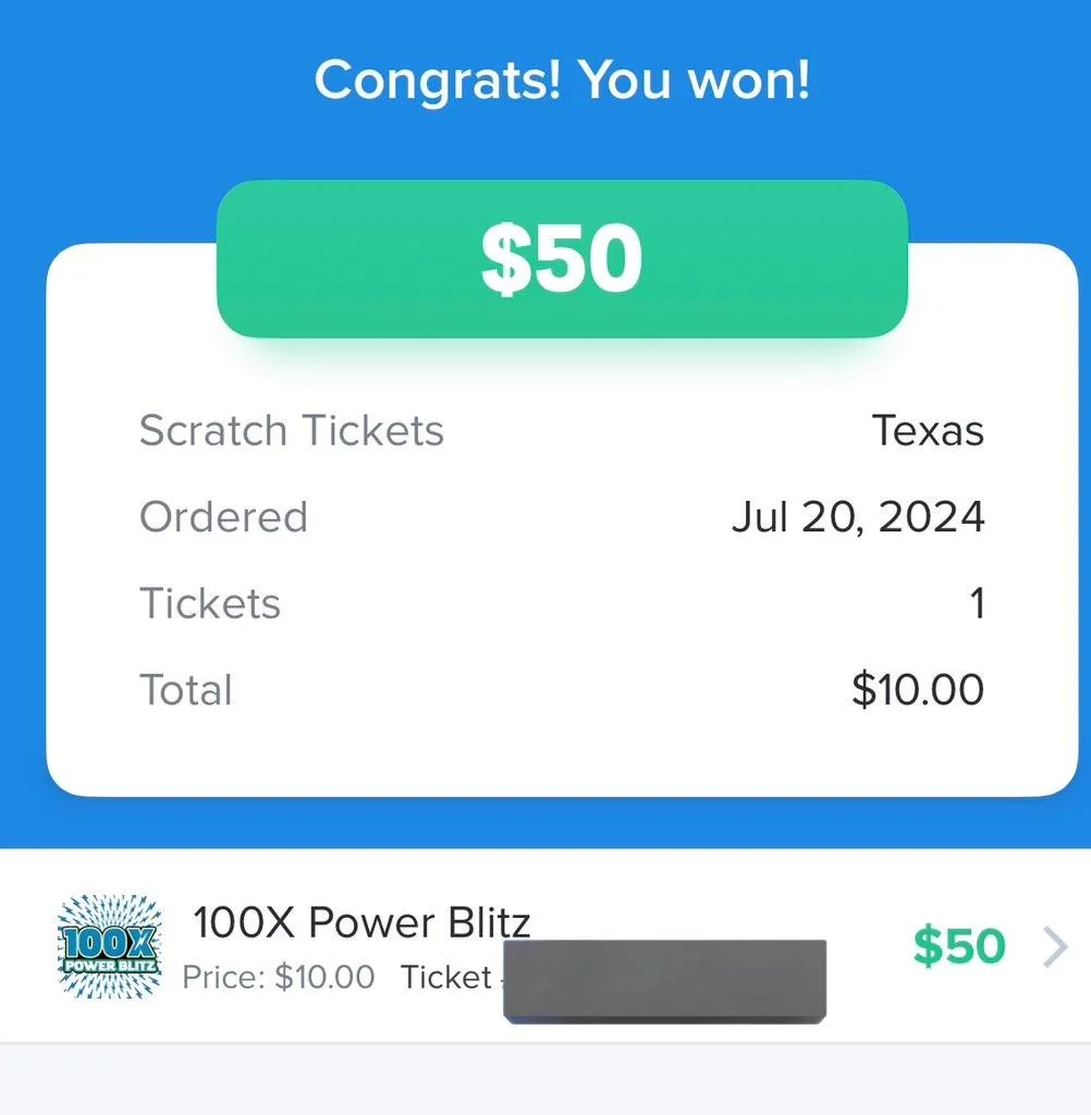 Scratch ticket result showing a $50 prize