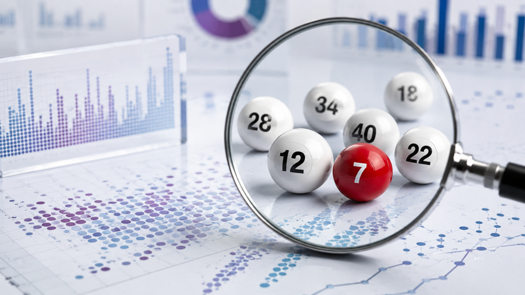 Magnifying glass over lottery balls and statistical charts for a Powerball numbers guide