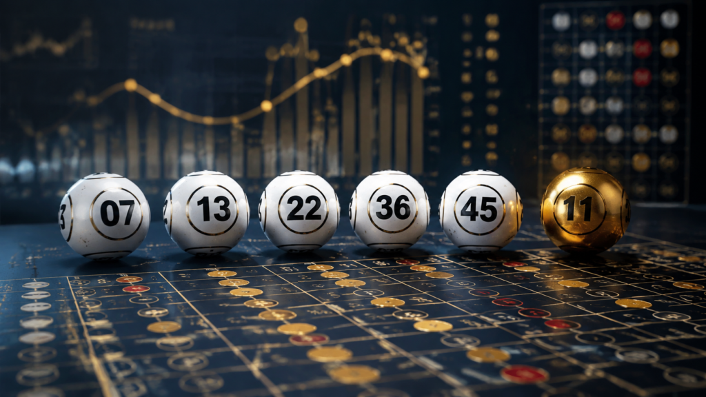 Mega Millions balls with analytical charts illustrating odds and responsible play