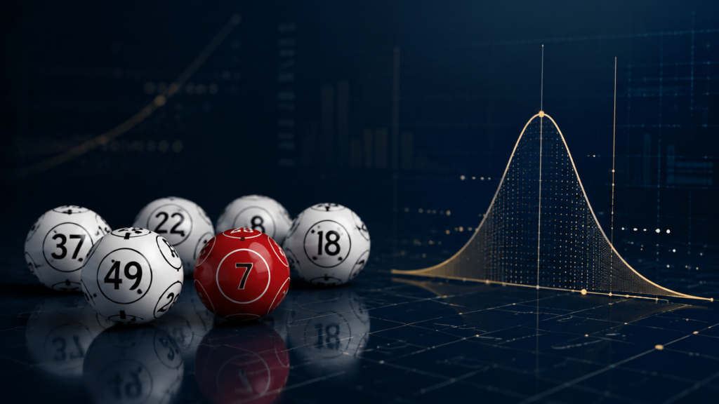 Powerball balls with a probability curve illustrating lottery strategy and responsible play