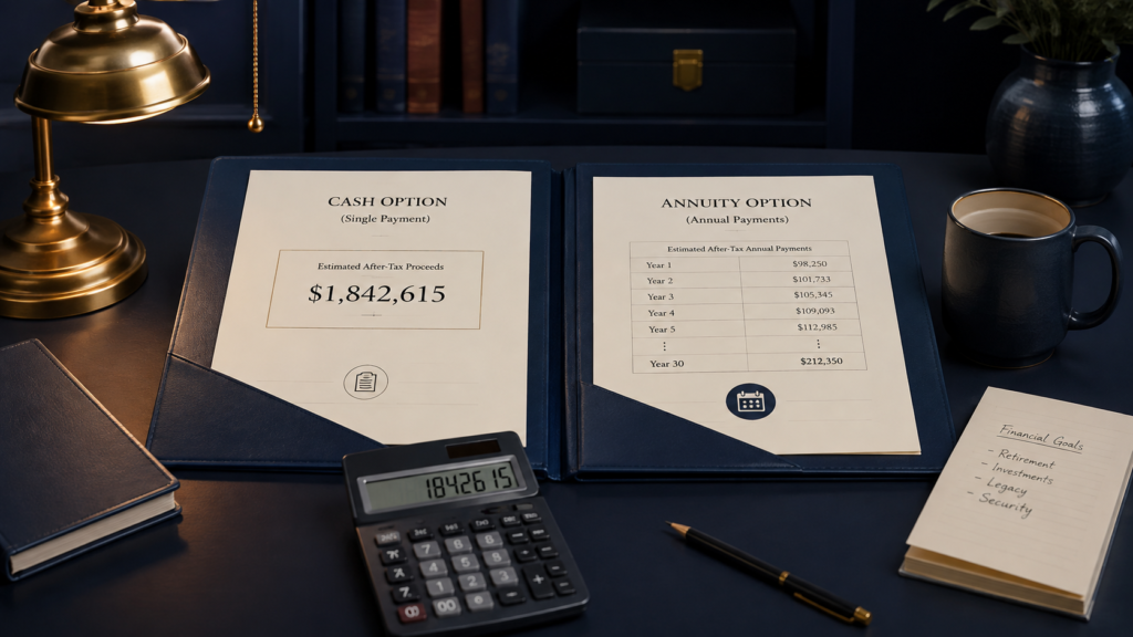 Side-by-side cash option and annual payment planning folders