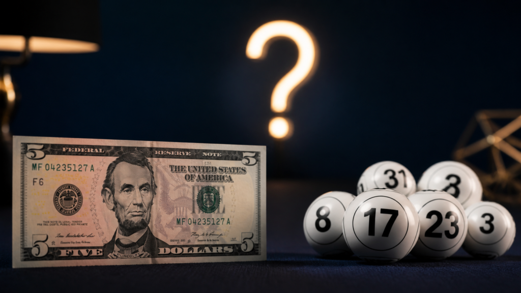 A five-dollar bill beside numbered lottery balls