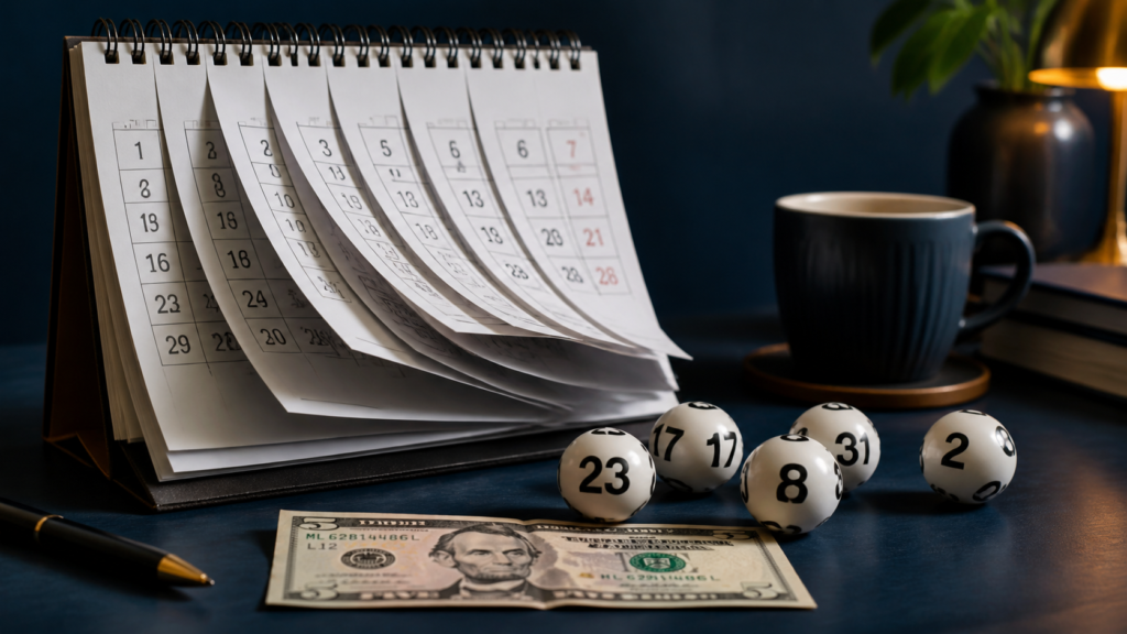 Calendar, five-dollar bill and lottery balls