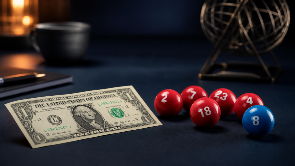 One-dollar bill with red and blue lottery balls