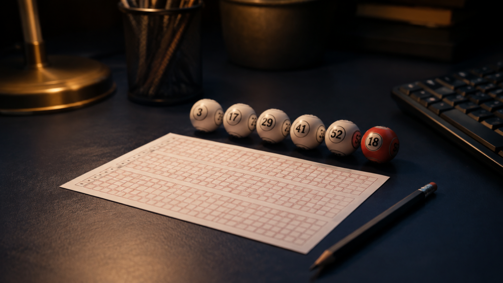Number selection sheet and lottery balls on an editorial desk