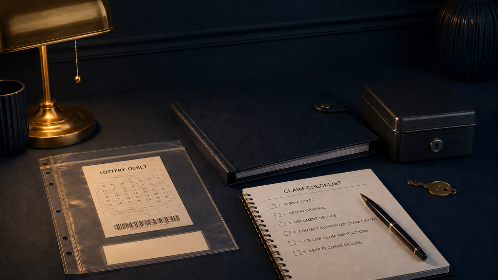 Protected lottery ticket, claim checklist and secure document box
