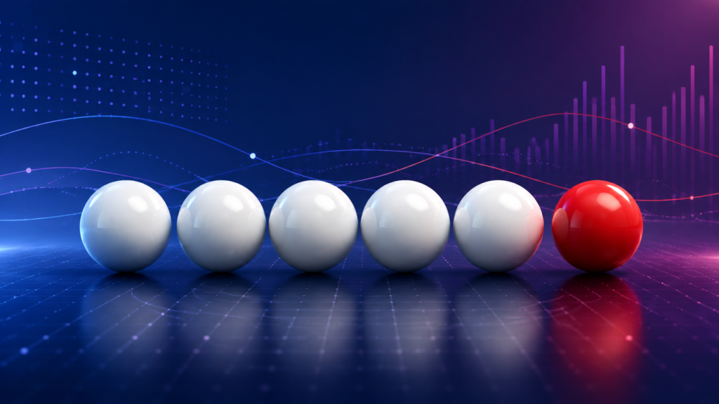 Five white lottery balls and one red ball on a probability chart background